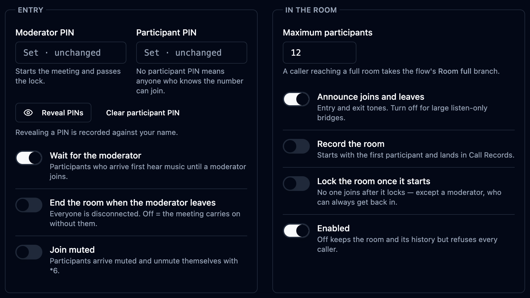 Room settings with the entry PIN fields and the in-room behaviour toggles