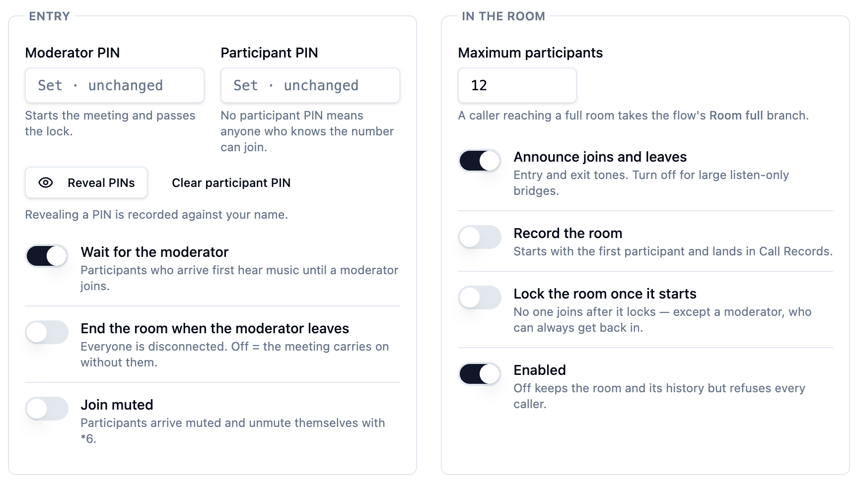Room settings with the entry PIN fields and the in-room behaviour toggles