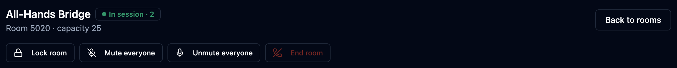 Live room header with the lock, mute-everyone and end-room controls