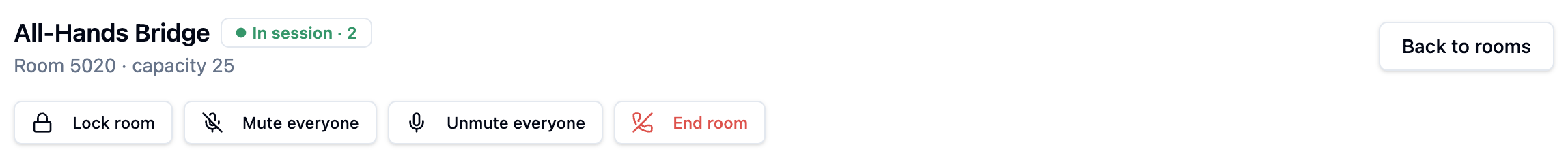 Live room header with the lock, mute-everyone and end-room controls