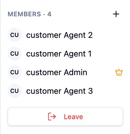 The group members pane with the owner crown, the add-member button and Leave