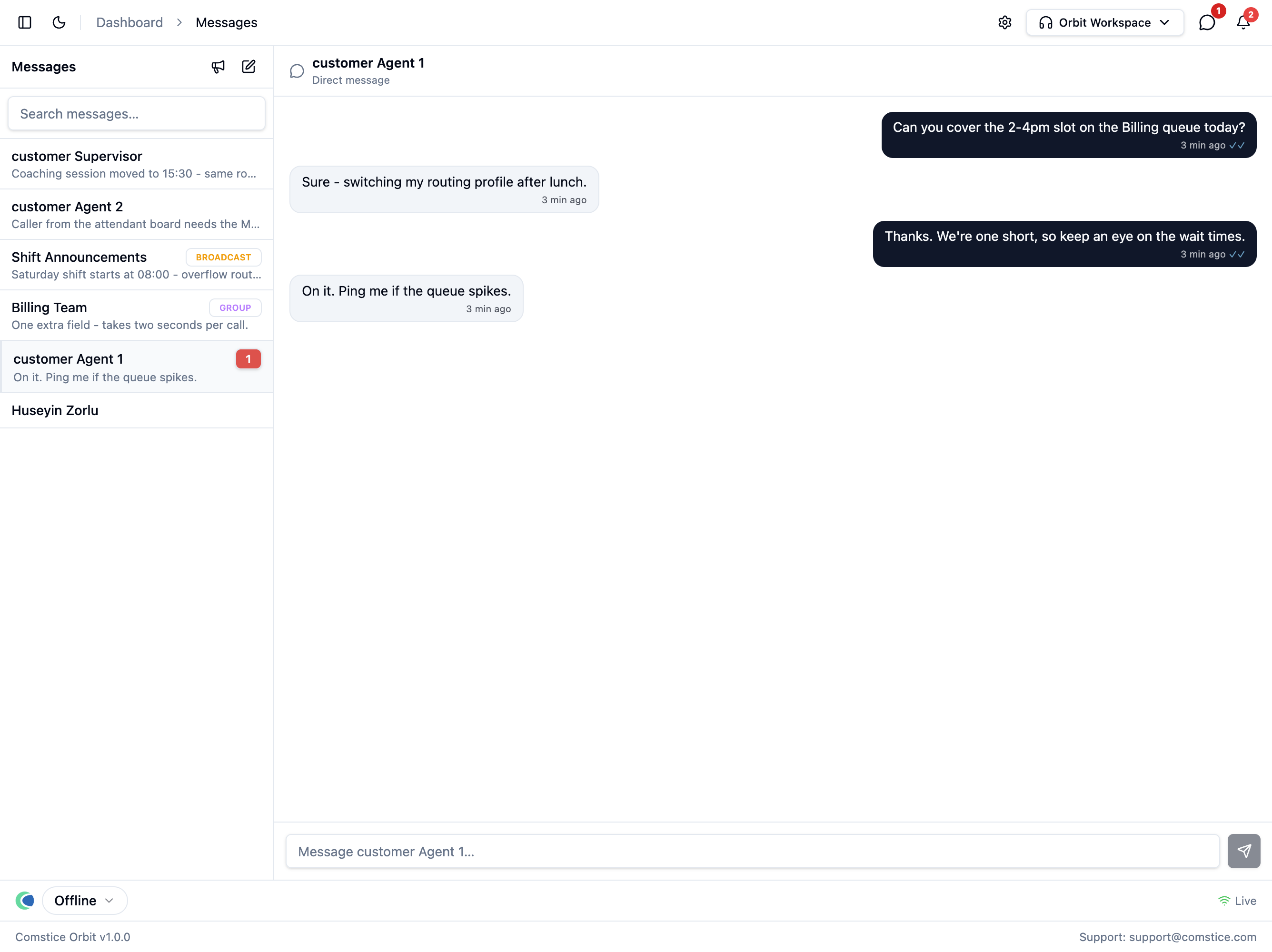 The Messages page with the thread list, an open direct message and the composer