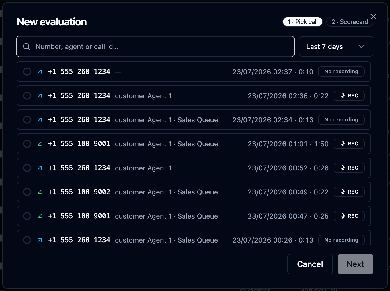 New evaluation dialog on the Pick call step with searchable recent calls