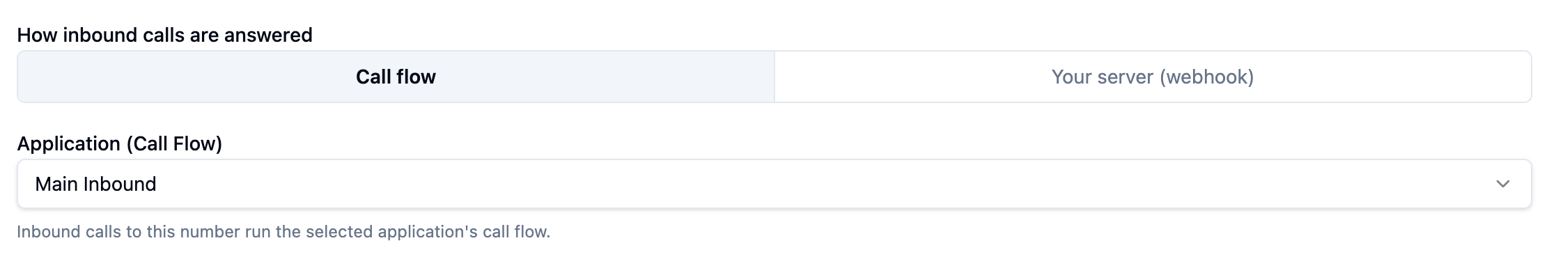 The number's answering mode set to Call flow, with the application field below it
