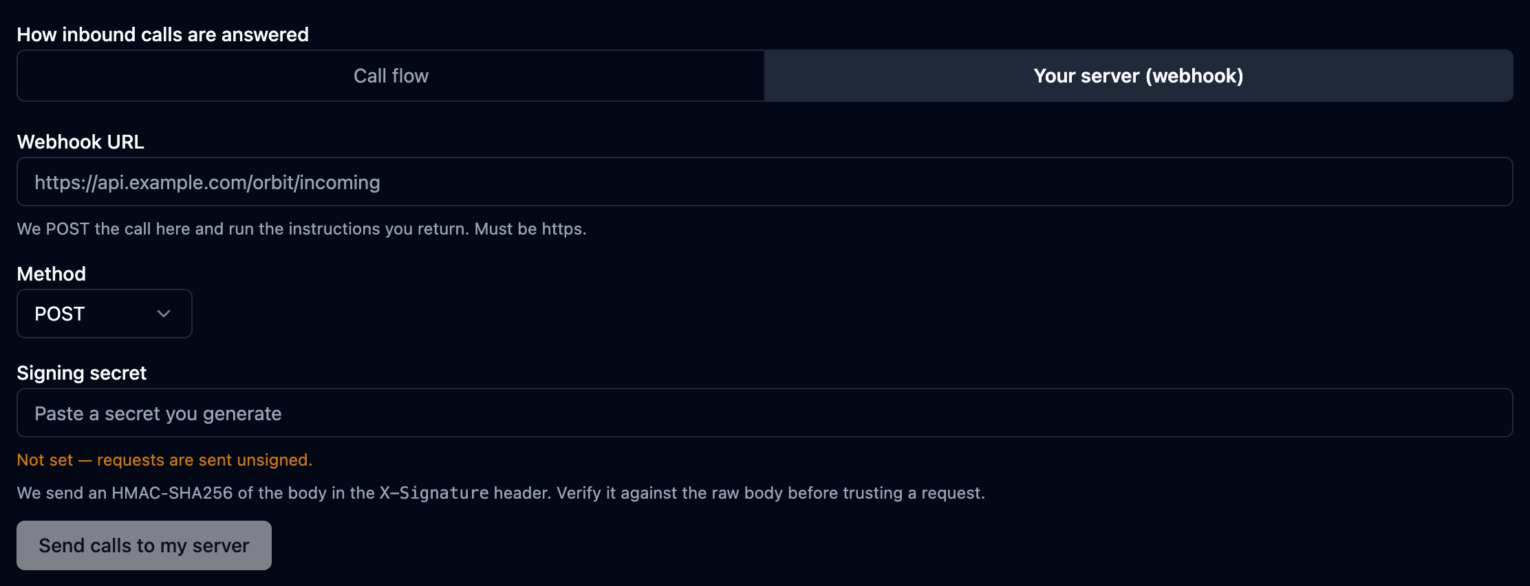 Webhook mode with the Webhook URL, Method and Signing secret fields