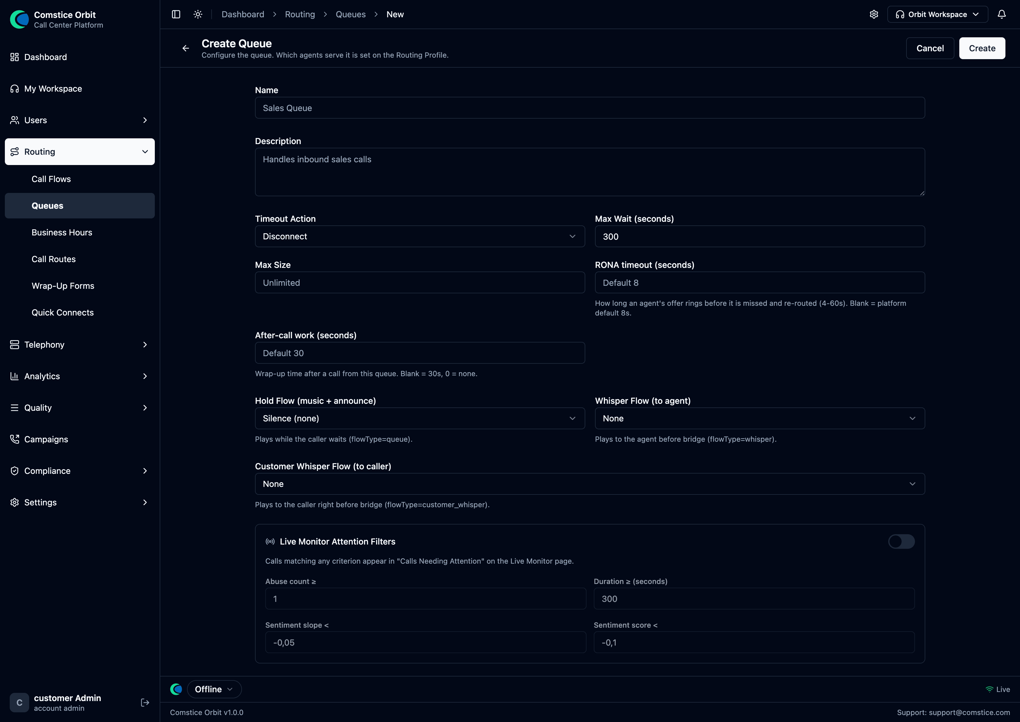 The Create Queue full-page form