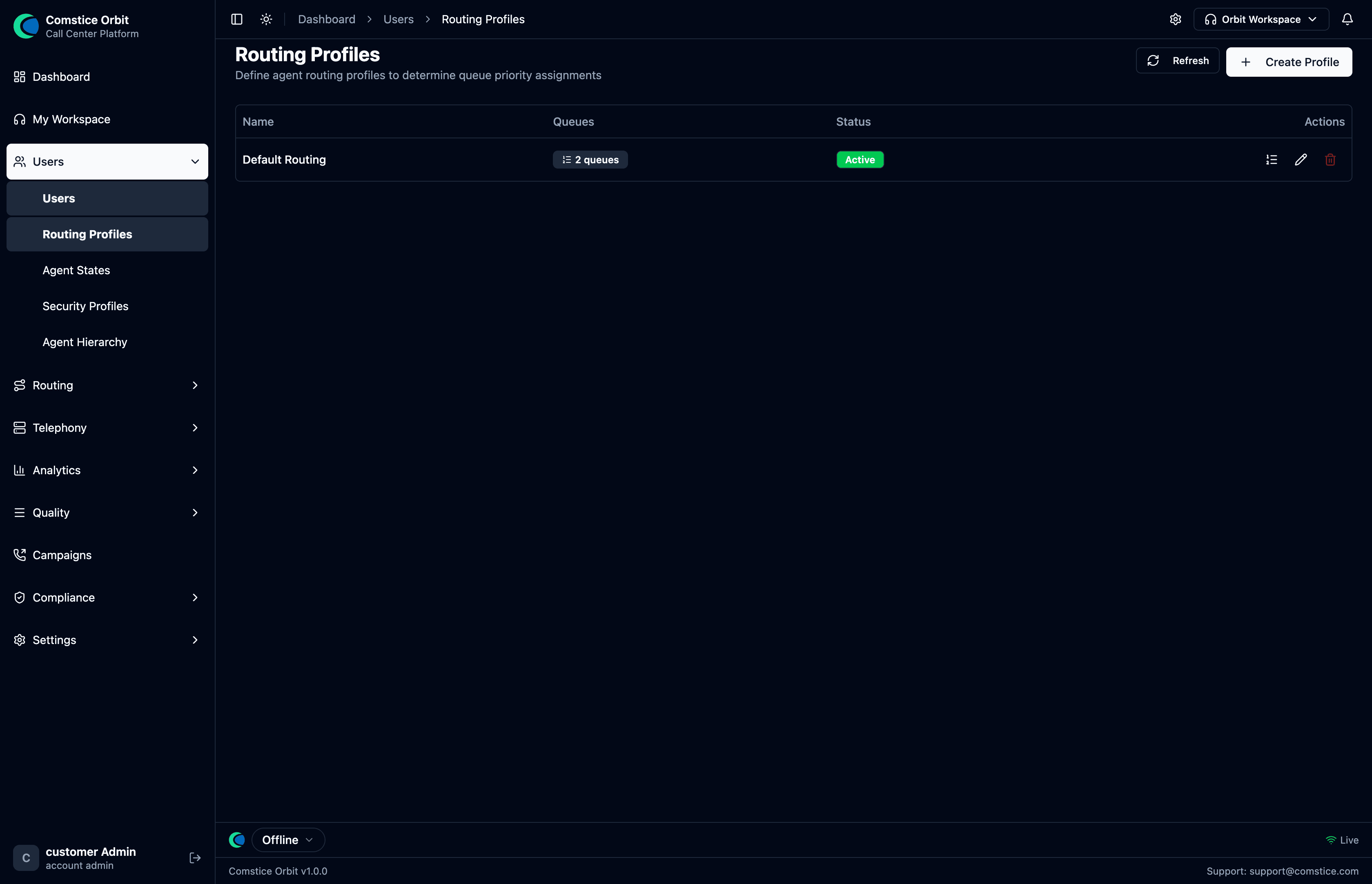 The Routing Profiles screen
