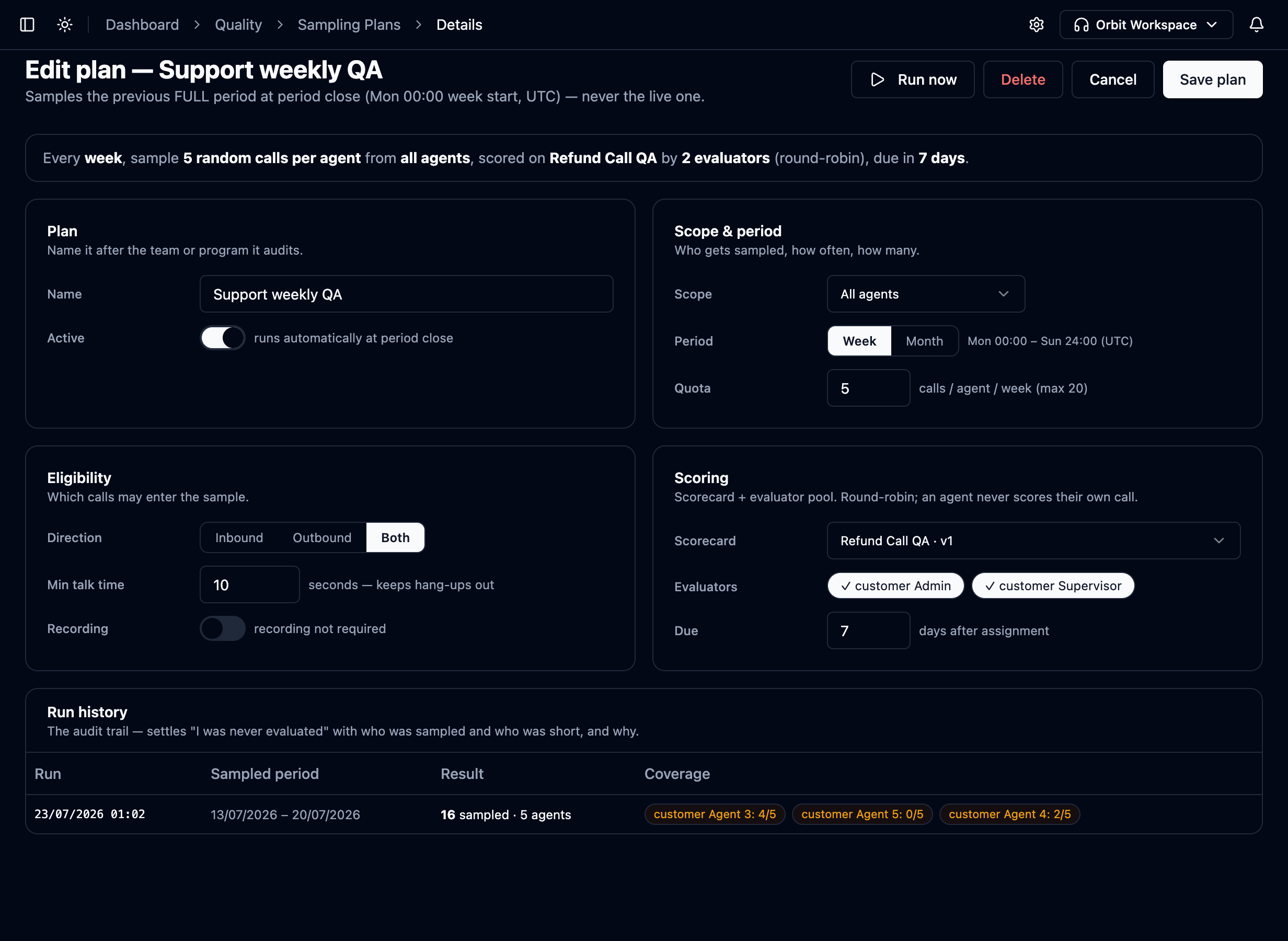 Sampling plan editor with Plan, Scope & period, Eligibility and Scoring sections
