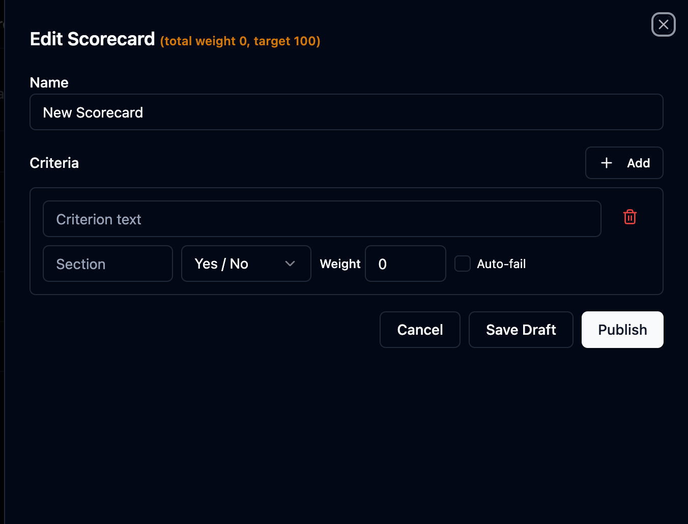Scorecard builder with a criterion row, answer type, weight and auto-fail flag