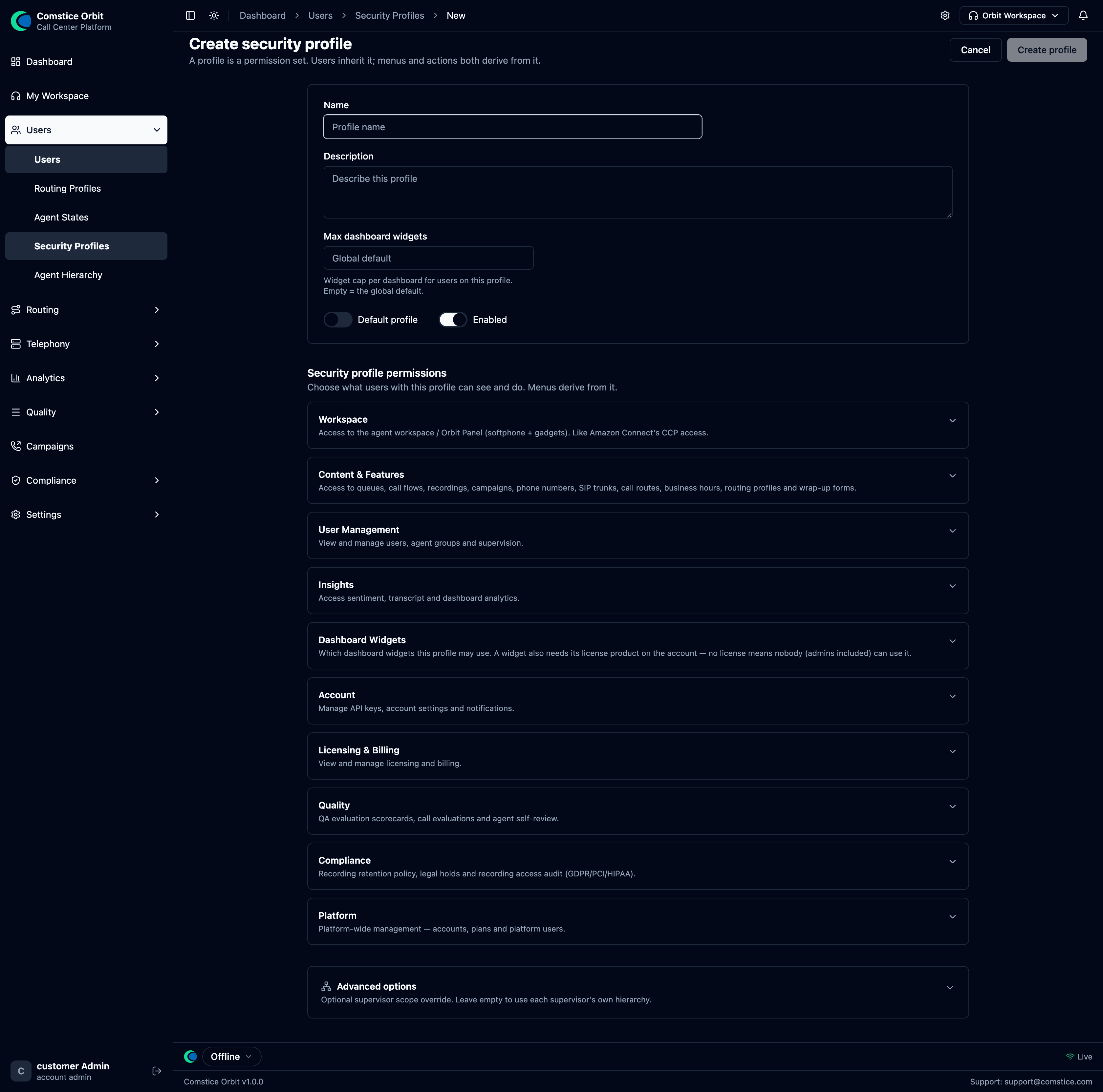 The Create Security Profile page with the permission catalog
