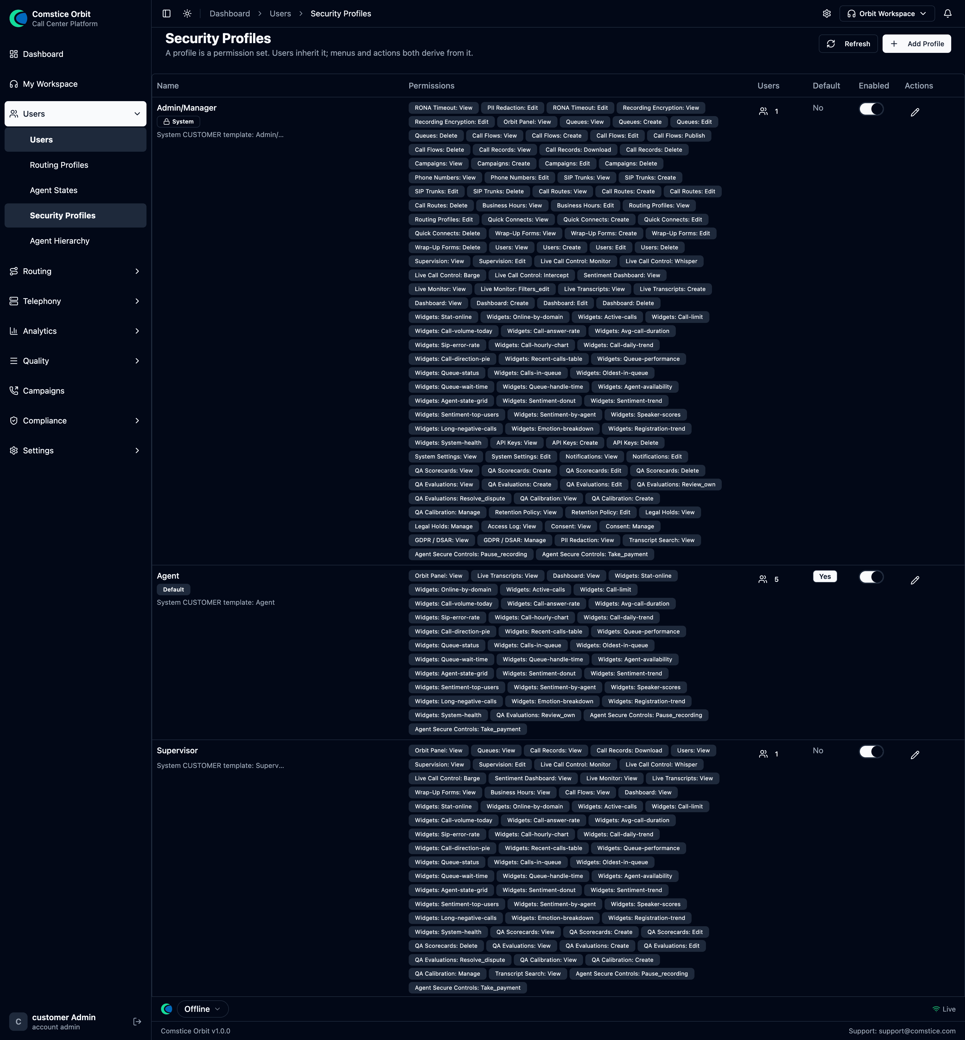 The Security Profiles screen showing Admin/Manager, Agent, and Supervisor profiles