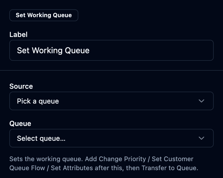 The set working queue properties panel