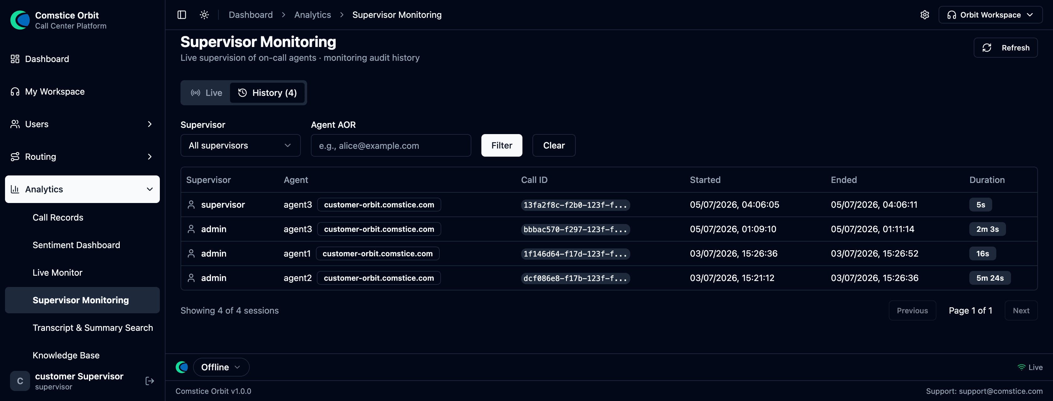 Supervisor Monitoring — the History tab: an audit table of past supervision sessions with supervisor, agent, call ID, start/end times and duration, filterable by supervisor and agent