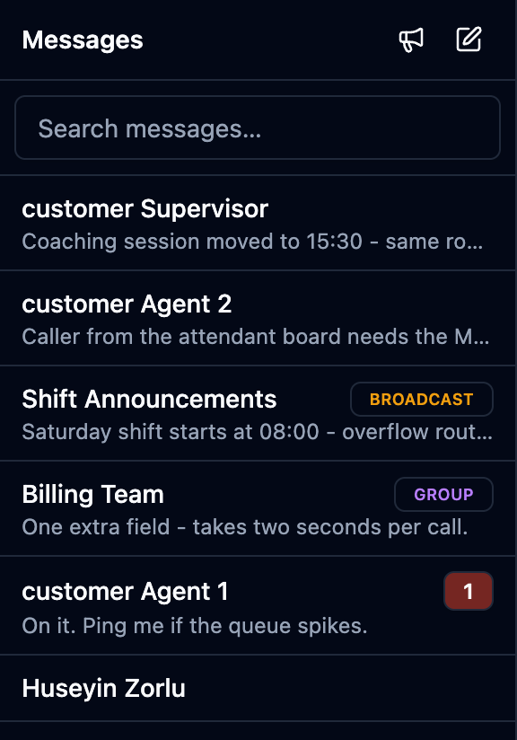 The thread list with a broadcast, a group, an unread direct message and search
