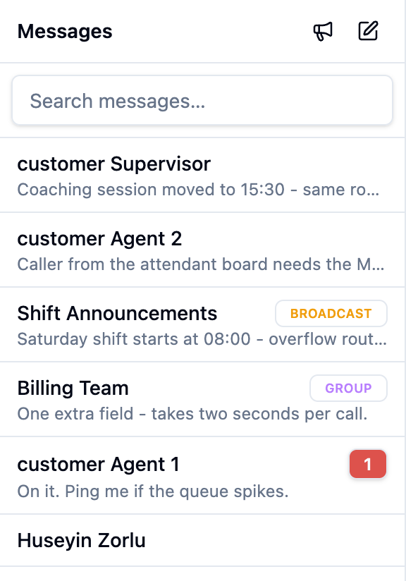 The thread list with a broadcast, a group, an unread direct message and search