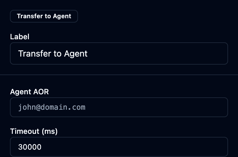 The transfer to agent properties panel