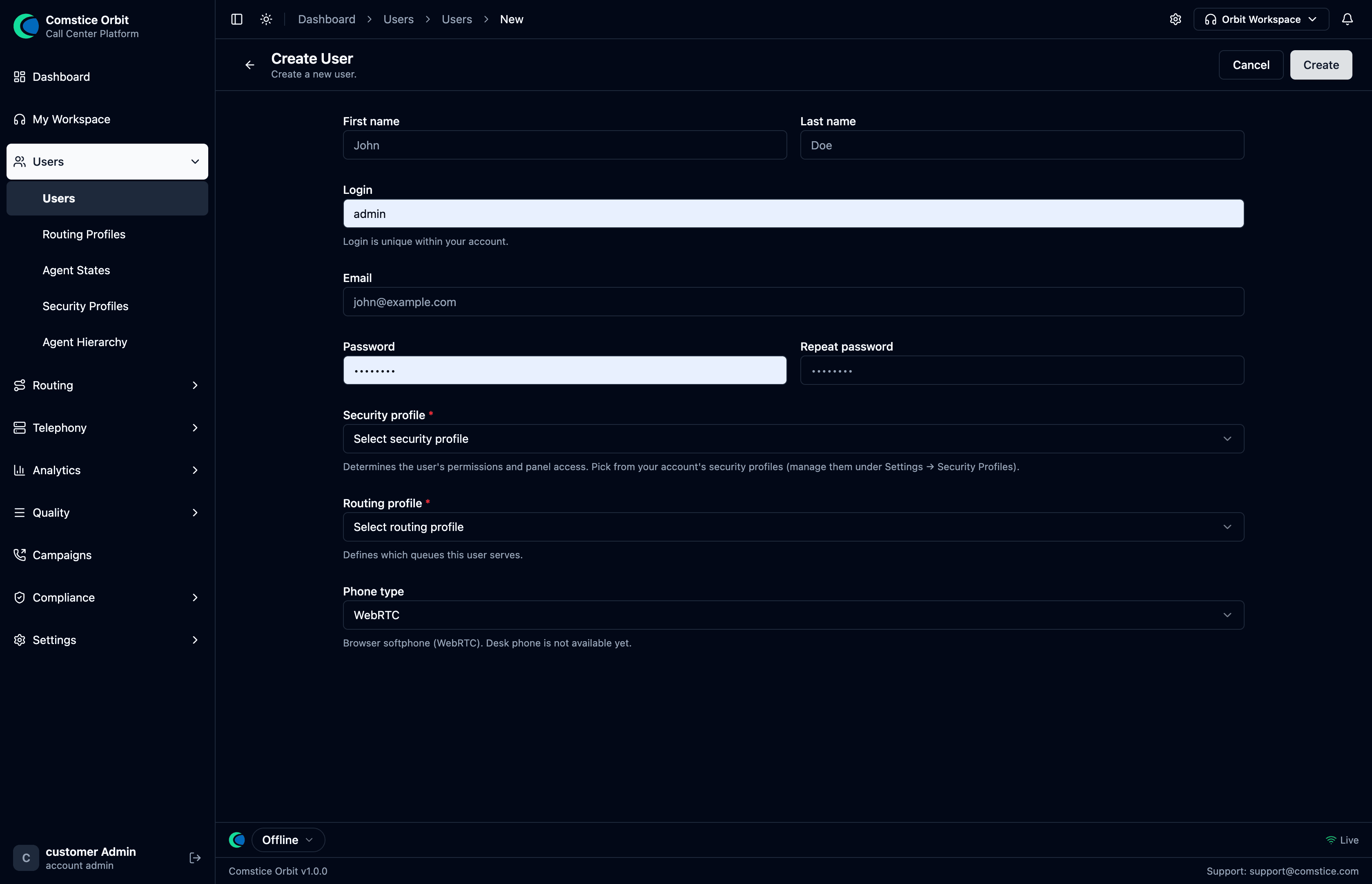 The Create User page with all fields