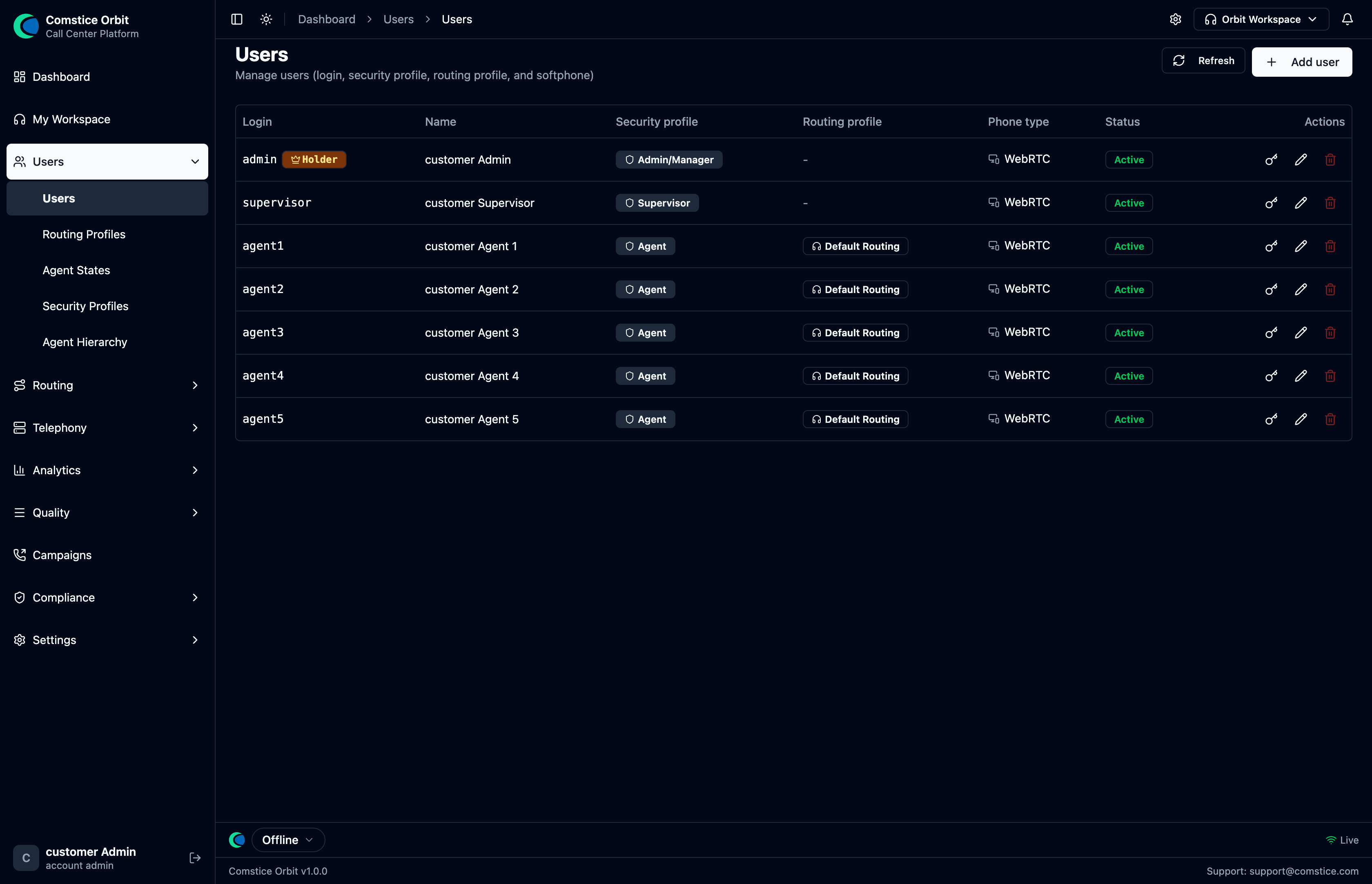 The Users screen listing accounts with their security and routing profiles
