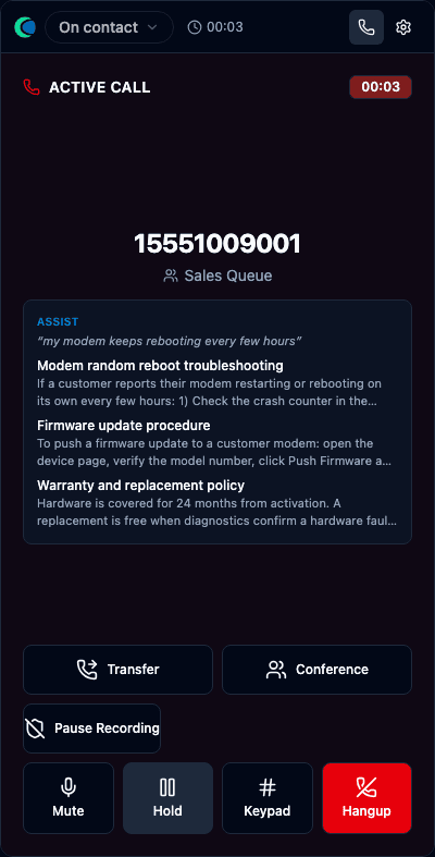 The ASSIST panel showing knowledge-base suggestions during a call