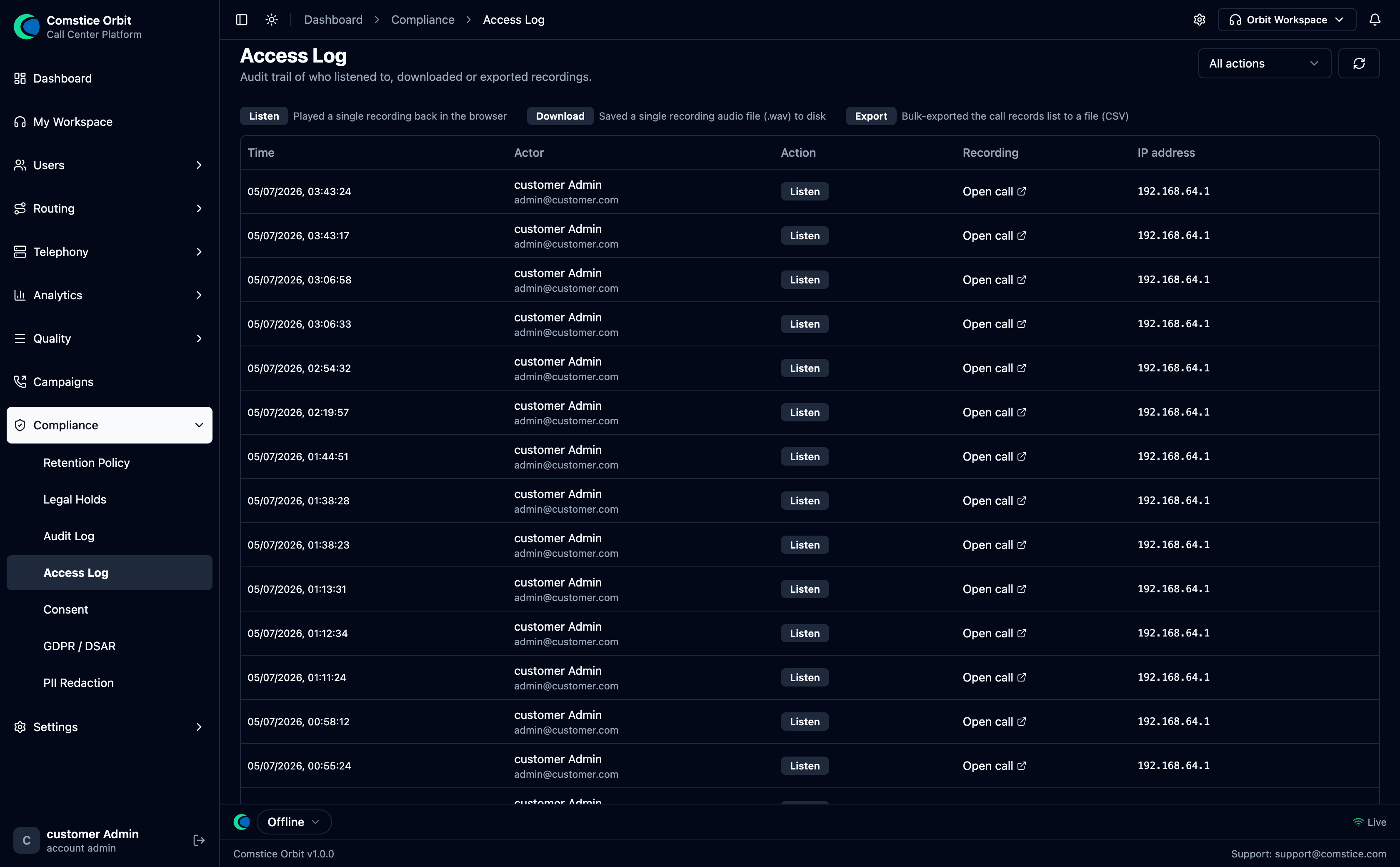 The Access Log listing recording-access events by user, action, and time