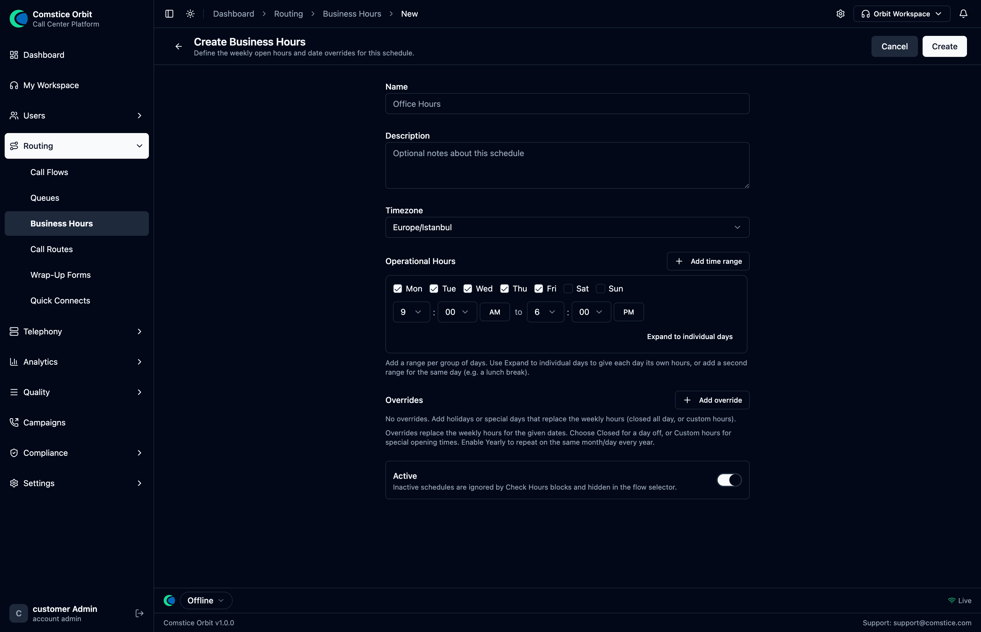 The Create Business Hours page