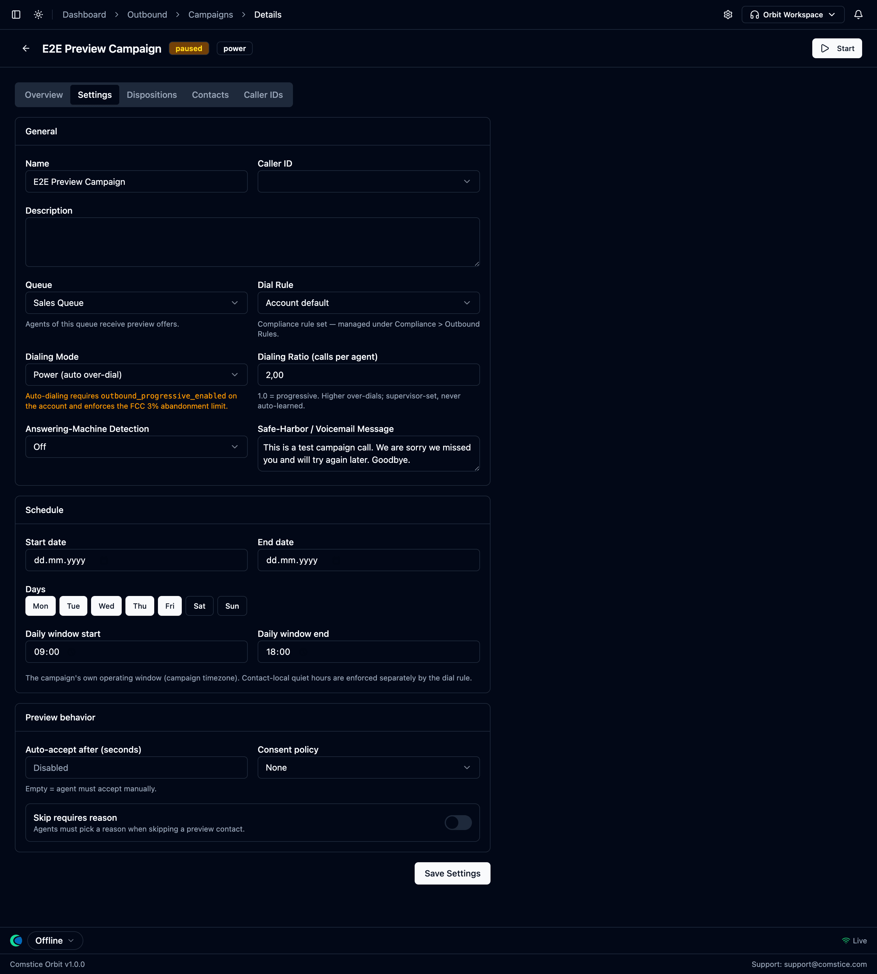 The campaign Settings tab with dialing mode, ratio, AMD and safe-harbor message