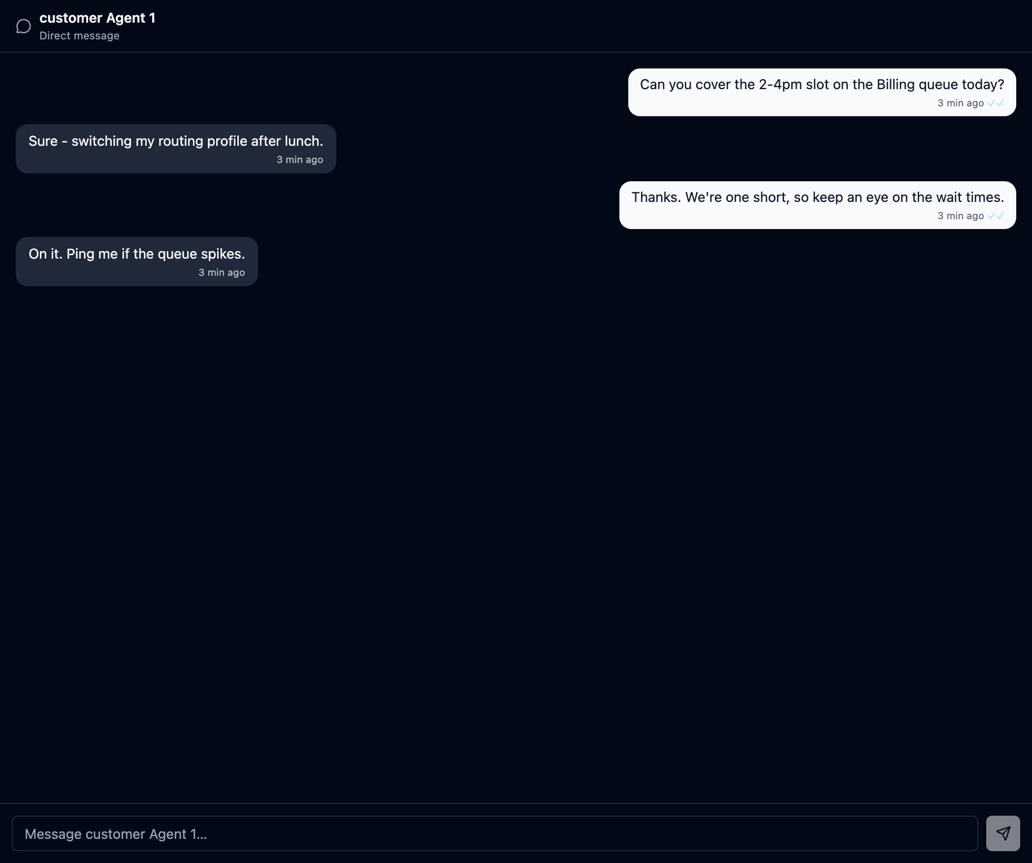 A direct message conversation with sent and read ticks on the outgoing bubbles