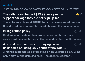 The same card after the agent voted a suggestion helpful
