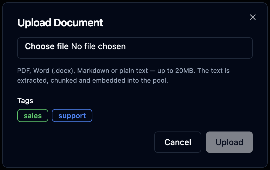 Upload Document dialog with the file picker and tag selector