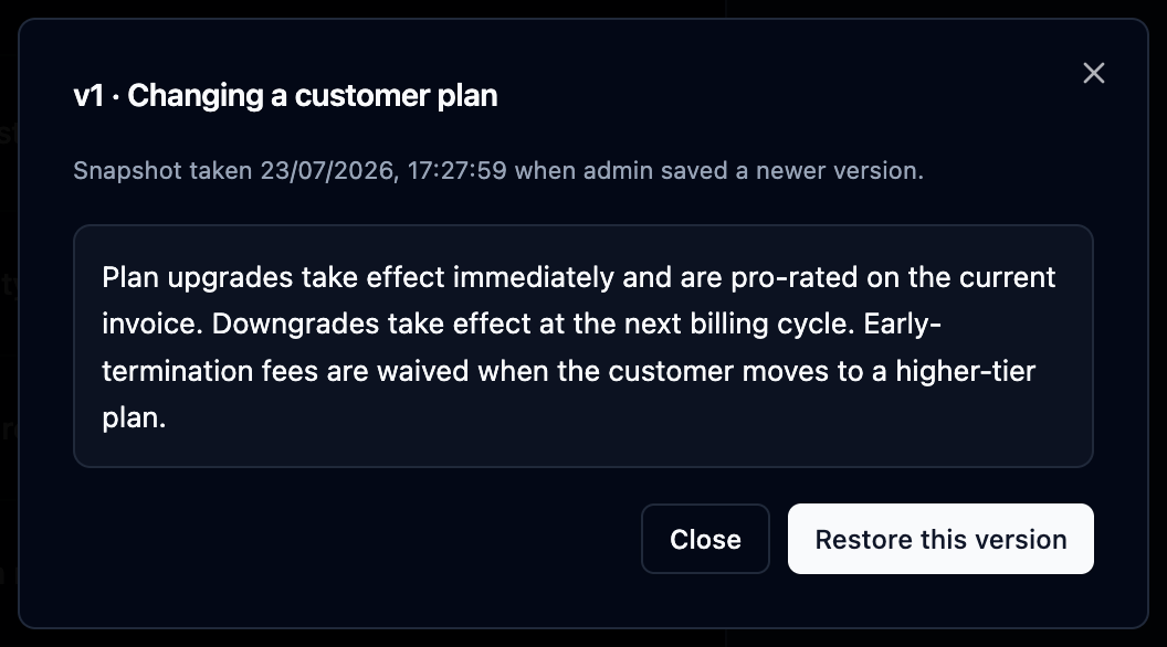 An old version opened from the history, with the Restore button