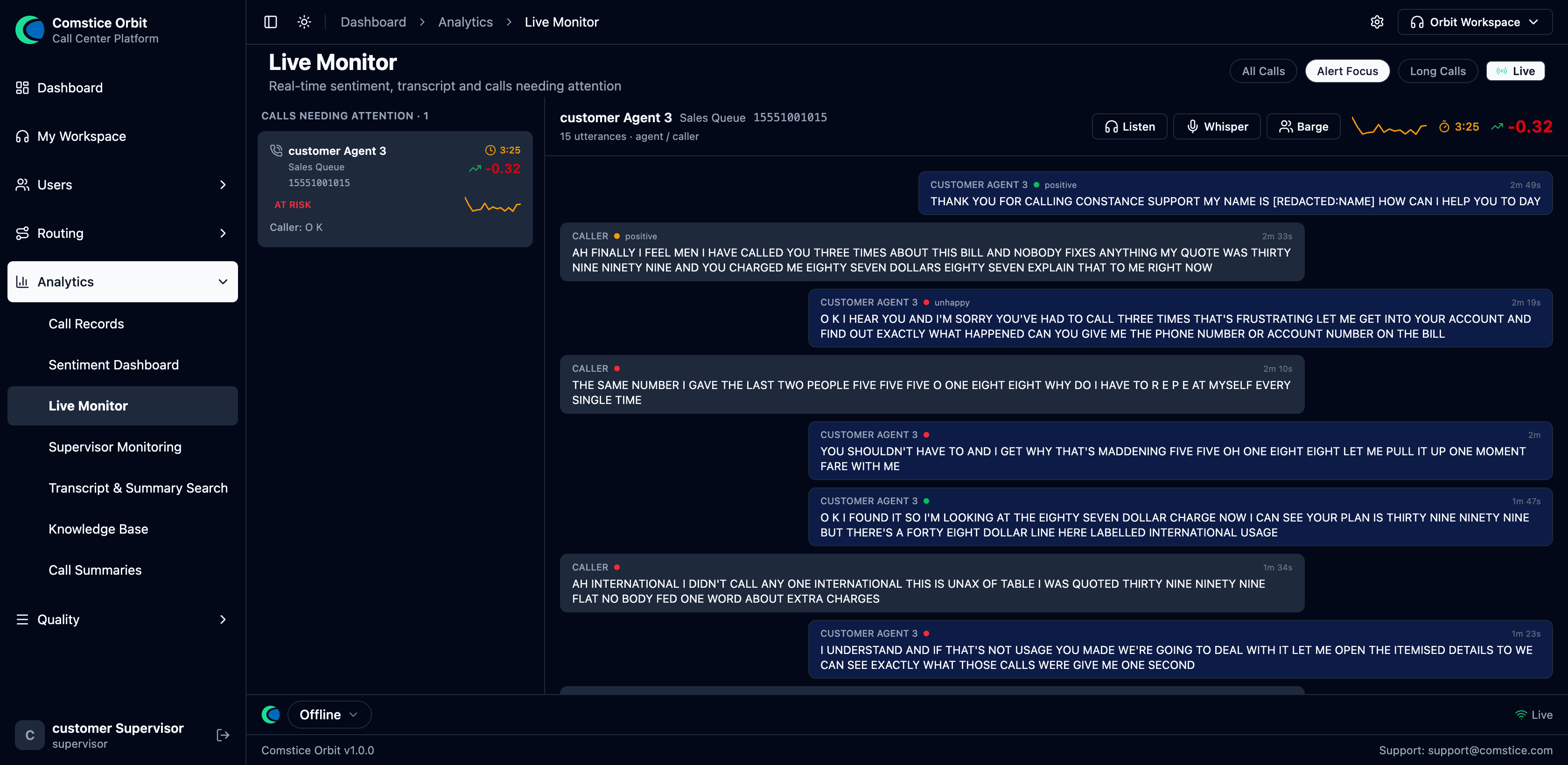 Live Monitoring as a supervisor sees it — a live call selected, the real-time agent-to-caller transcript streaming as bubbles with per-utterance sentiment, and the Listen / Whisper / Barge controls in the header