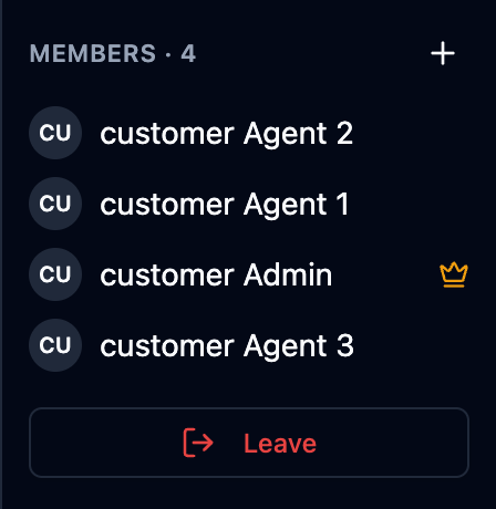 The group members pane with the owner crown, the add-member button and Leave