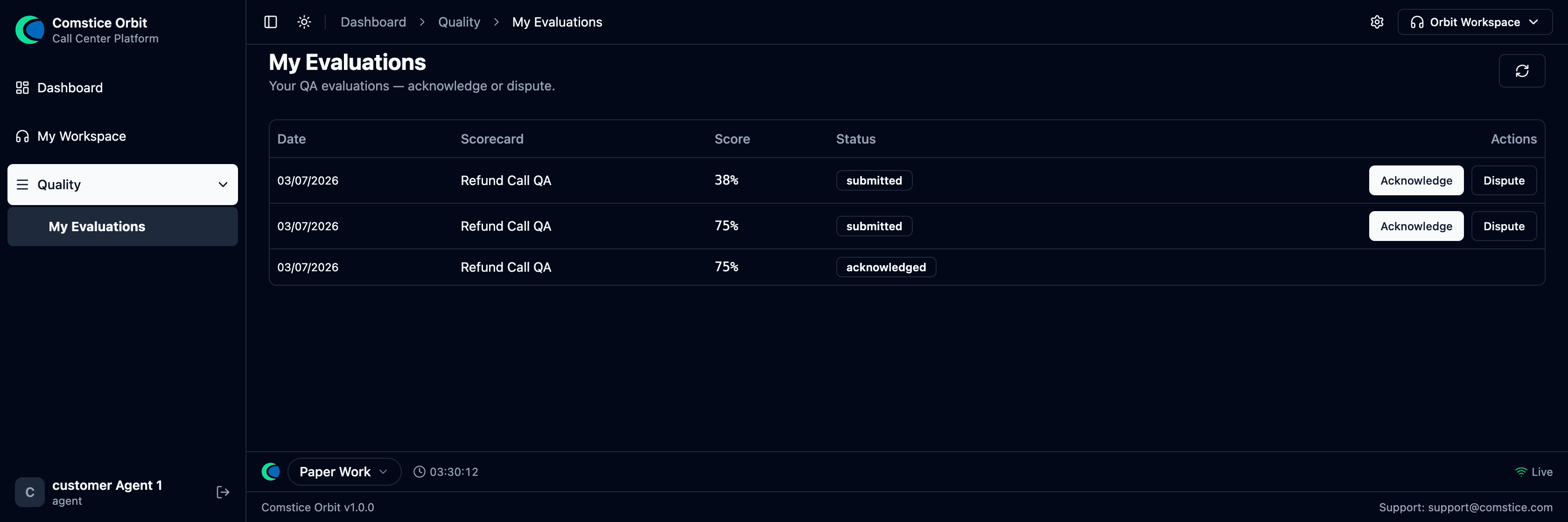 My Evaluations — an agent's own QA scores: date, scorecard, score and status, each with Acknowledge and Dispute actions