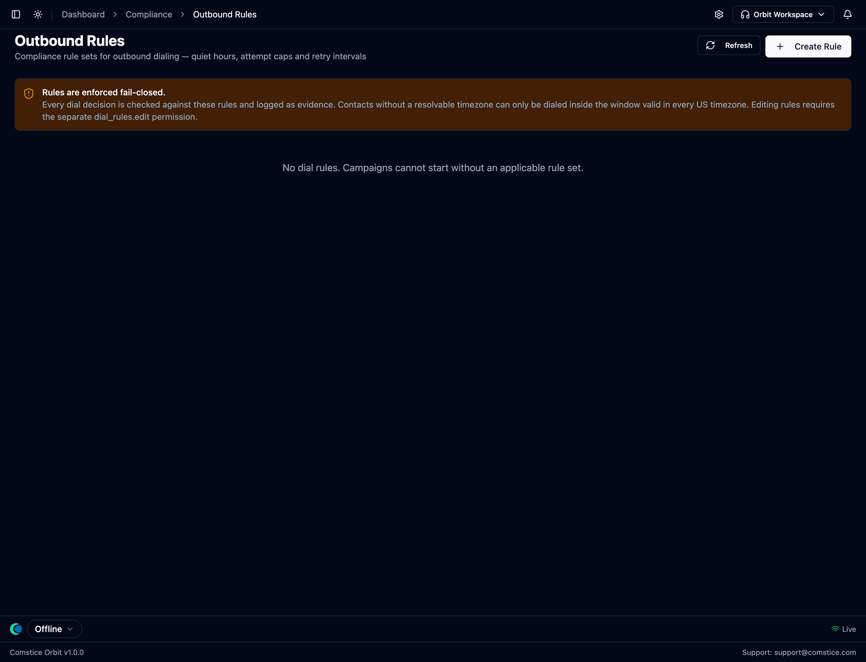 The Outbound Rules screen with its fail-closed enforcement notice