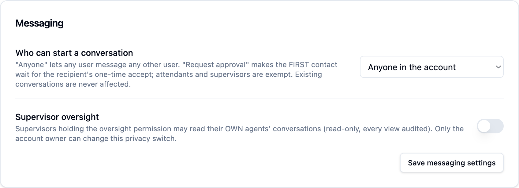 The Messaging settings card with the contact policy and the supervisor oversight switch