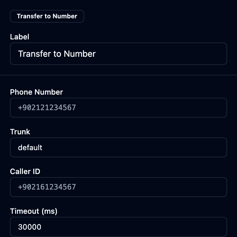 The transfer to number properties panel