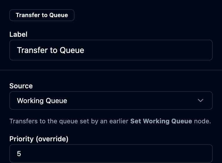 The transfer to queue properties panel