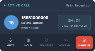 The active call card with the caller's avatar, the live timer and DRAG TO TRANSFER