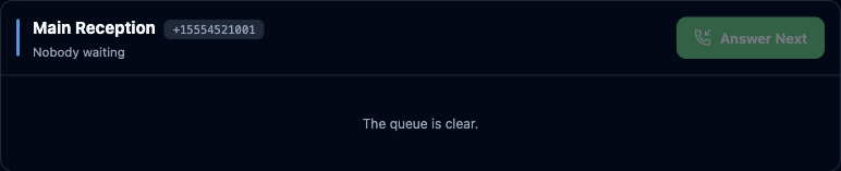 The reception queue card showing The queue is clear with the Answer Next button