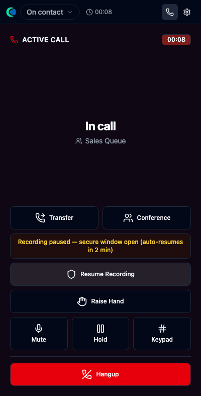 Recording paused with the secure-window banner and Resume Recording