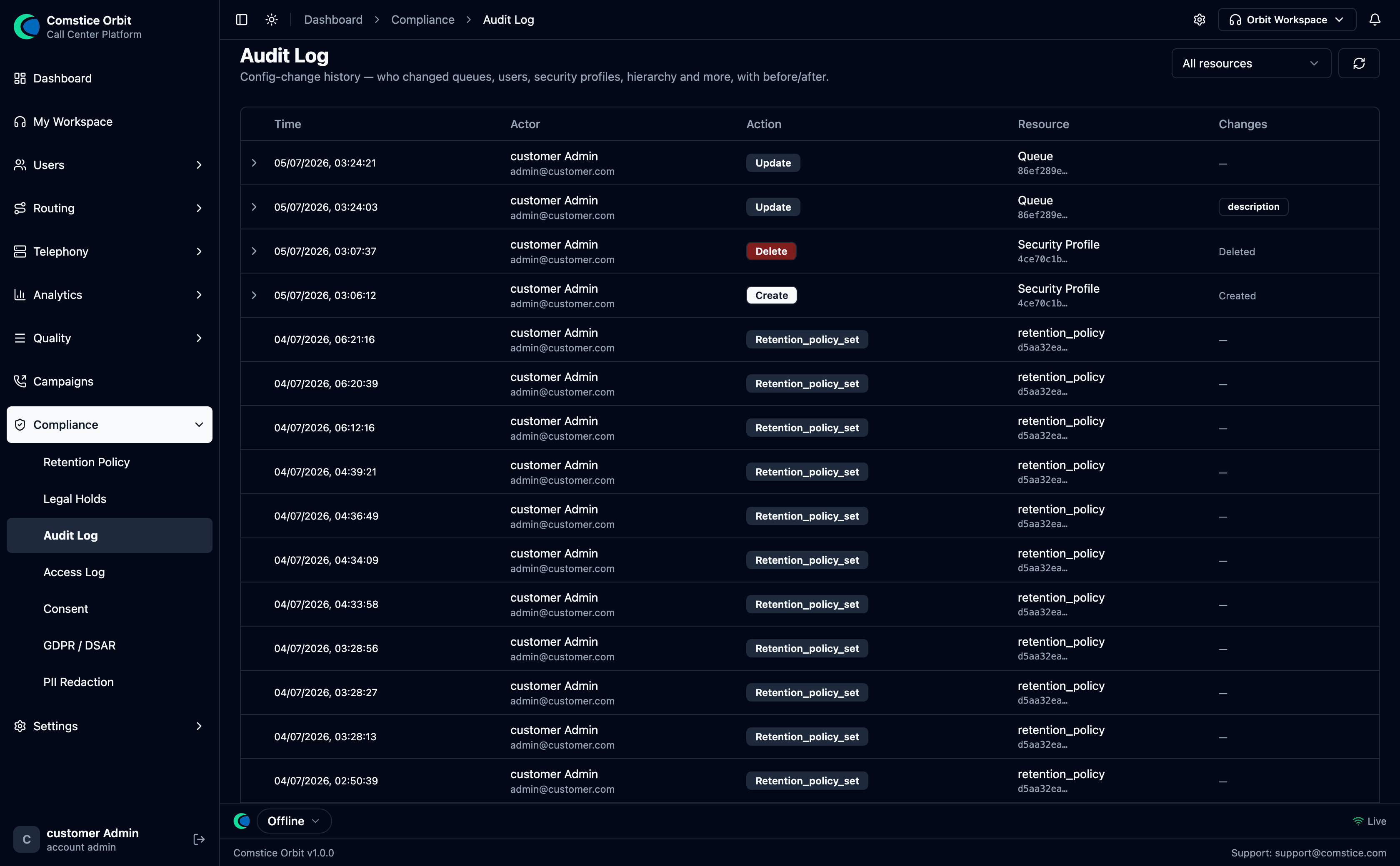 The Audit Log: config change history with time, actor, action and resource