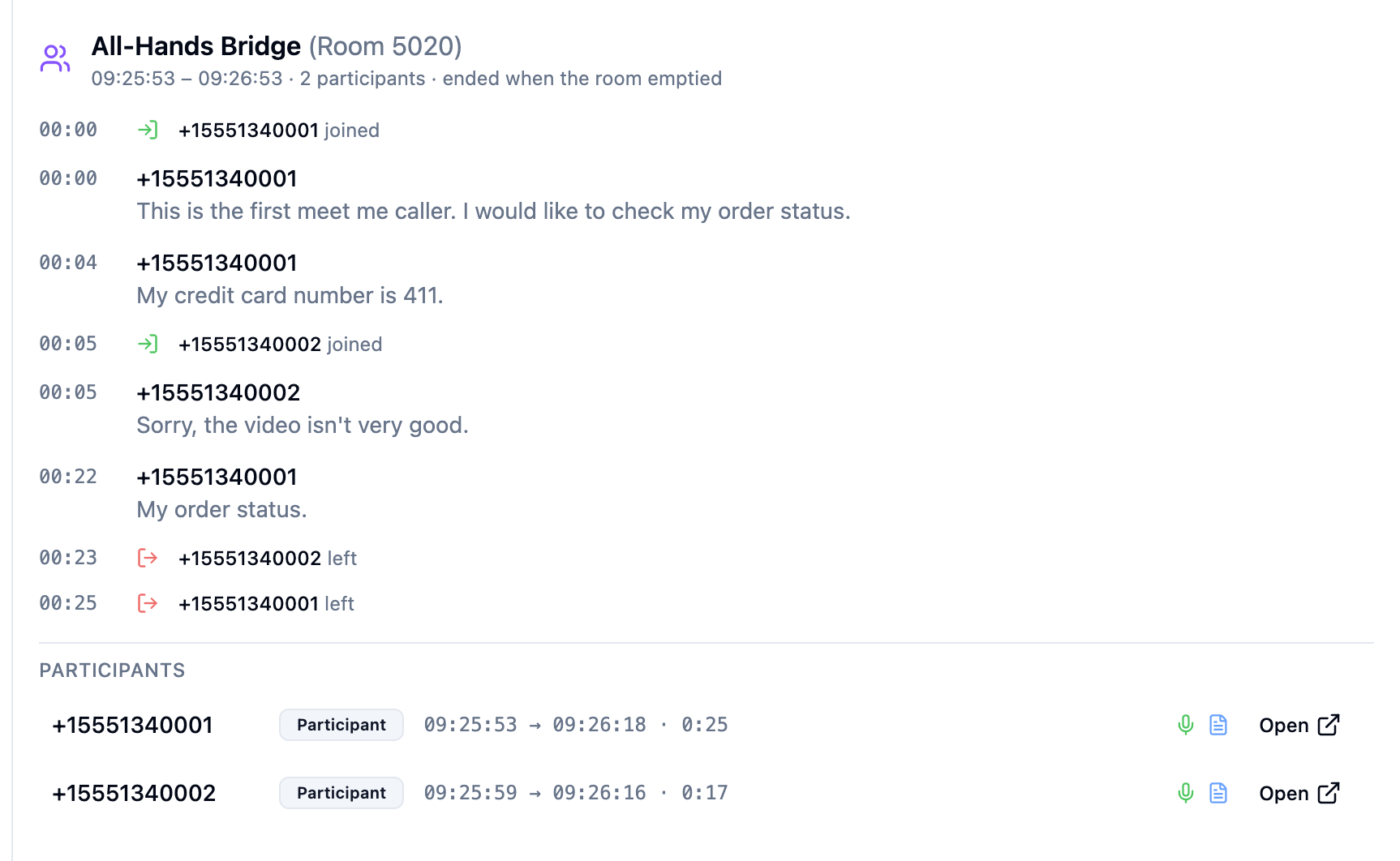 Meeting tab with the unified timeline of joins, leaves and speaker-labelled utterances