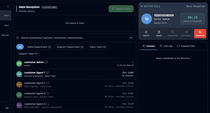 Dragging the caller's avatar from the call card onto an available agent in the directory