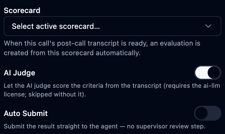Auto QA block settings with the scorecard picker and the AI Judge and Auto Submit toggles