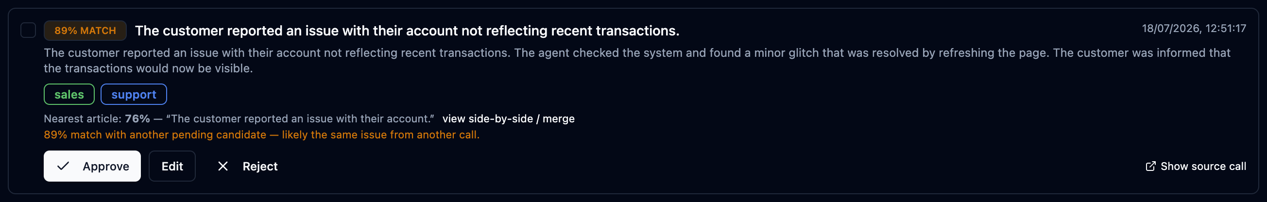 A mined candidate with the match badge, nearest-article line and pending-twin warning