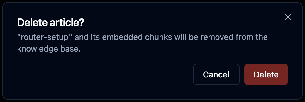 Delete article confirmation dialog naming the article and its chunks
