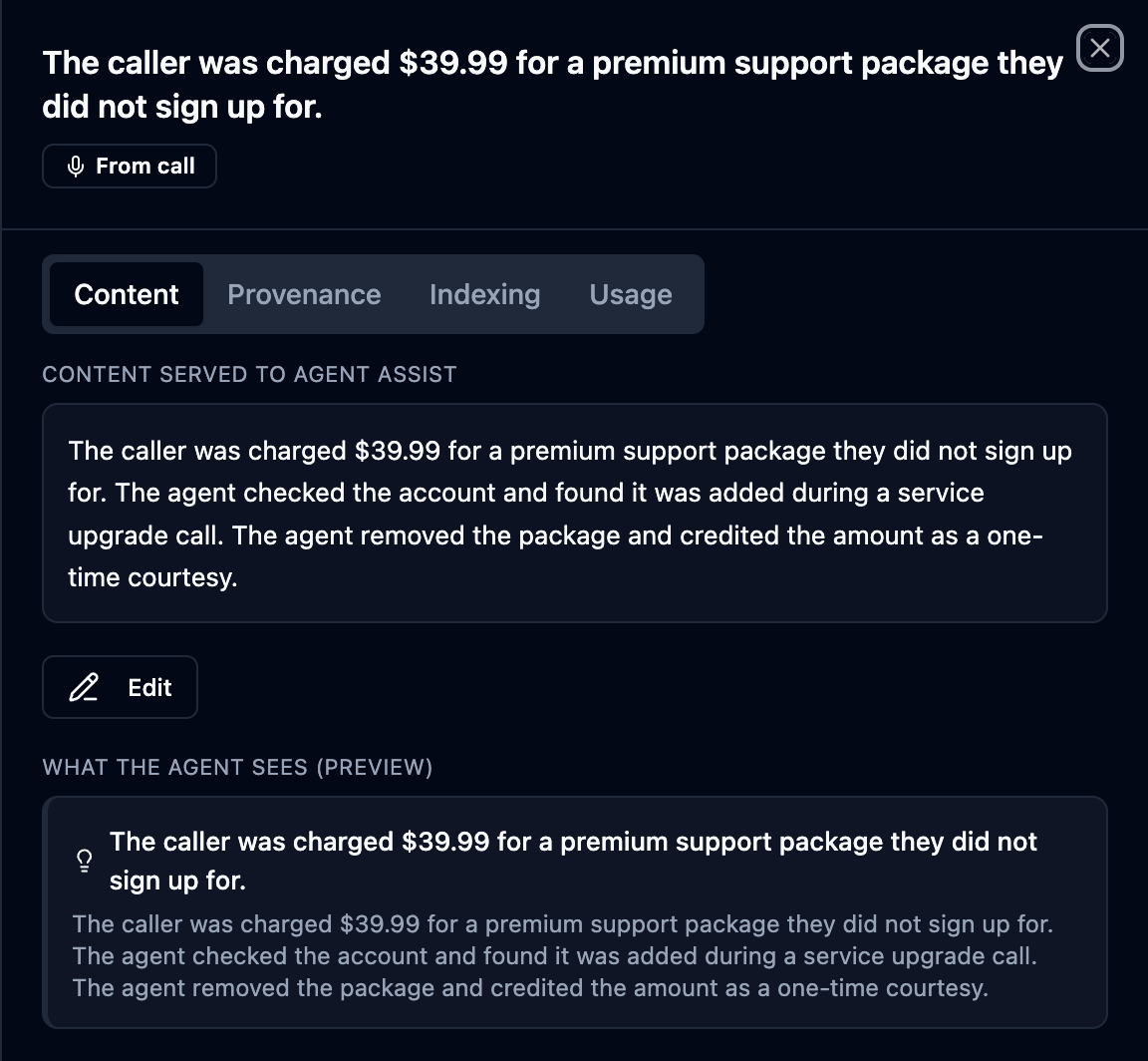 Article drawer Content tab with the body and the agent-preview card