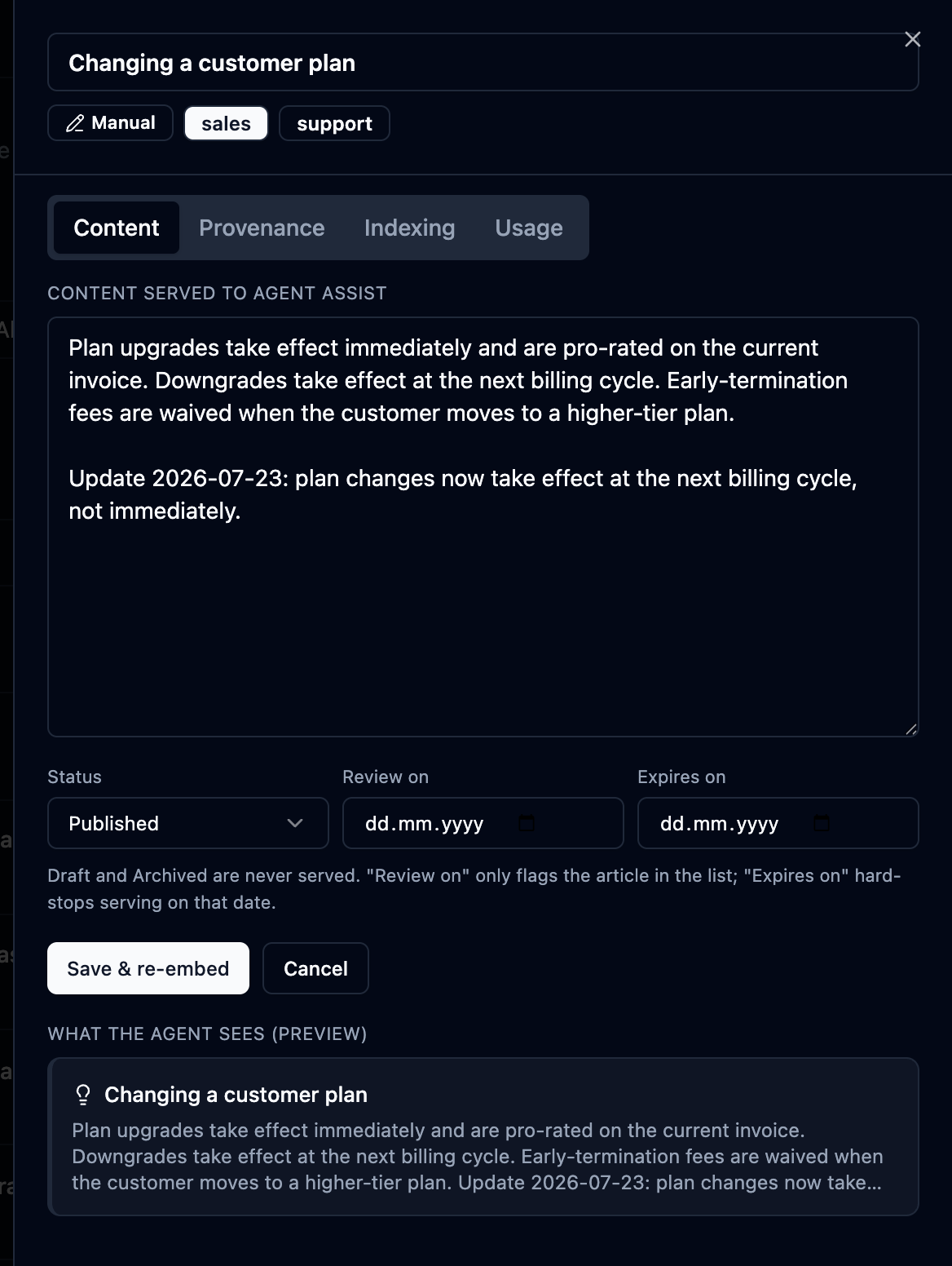 Edit mode with the Status selector and the Review on / Expires on dates