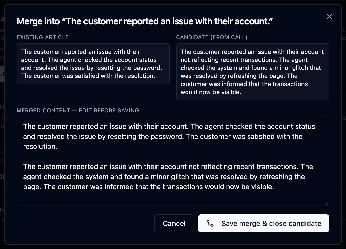 Merge dialog with the existing article, the candidate and the editable merged content