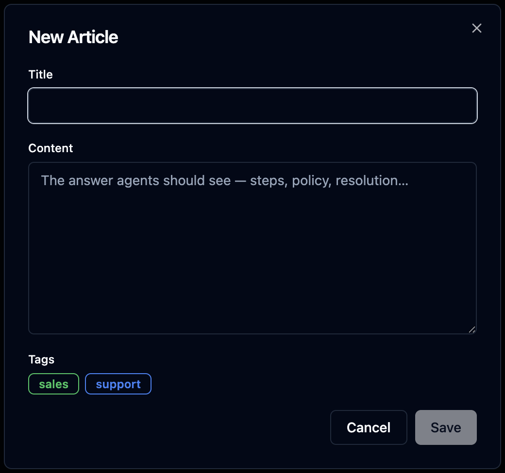 New Article dialog with title, content and tag selector